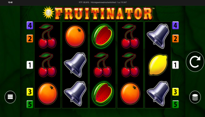 Fruitinator Spieloberfläche mit bunten Symbolen